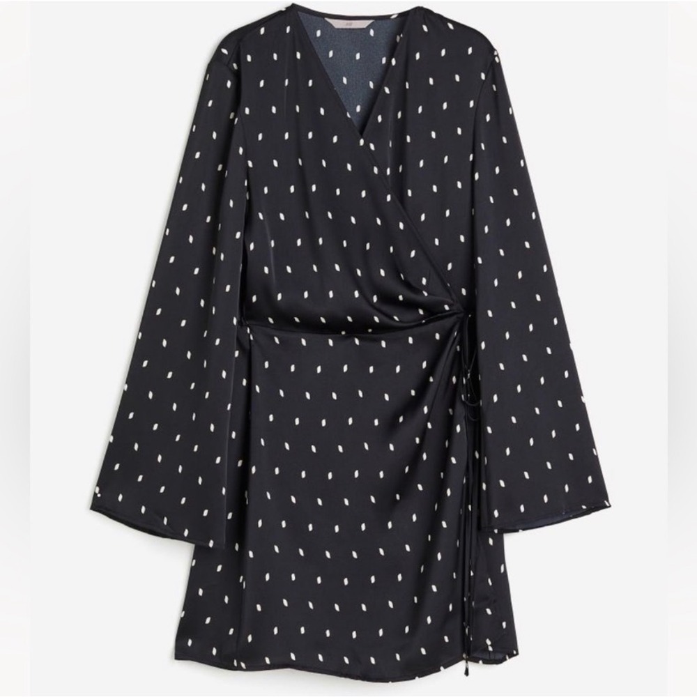 HM Black Satin Wrap Mini Dress White Dash Print Bell Sleeve V-Neck Size Medium